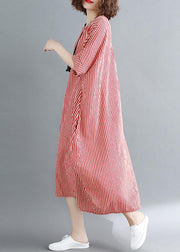 Women o neck linen Robes Omychic Catwalk red striped daily Dress summer