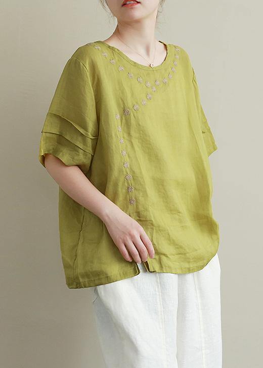 Women o neck linen cotton summer top green embroidery short blouse - bagstylebliss