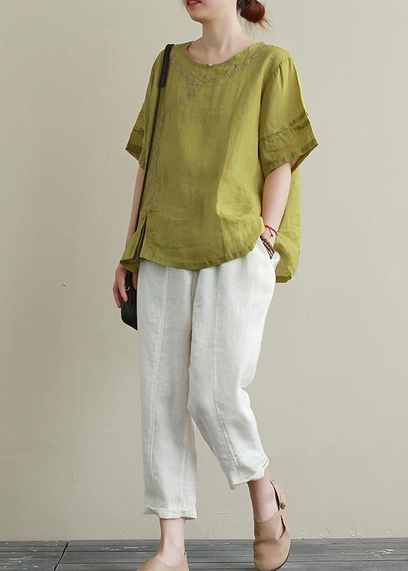 Women o neck linen cotton summer top green embroidery short blouse - bagstylebliss