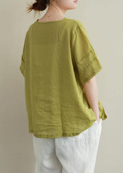 Women o neck linen cotton summer top green embroidery short blouse - bagstylebliss