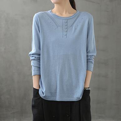 Women o neck long sleeve fall shirts pattern blue blouse - bagstylebliss