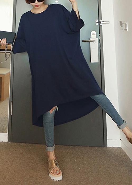 Women o neck low high design Cotton dresses Sleeve navy Dresses - bagstylebliss