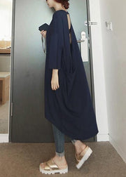 Women o neck low high design Cotton dresses Sleeve navy Dresses - bagstylebliss