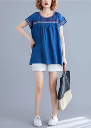Women o neck patchwork cotton blouses Work denim blue summer - bagstylebliss