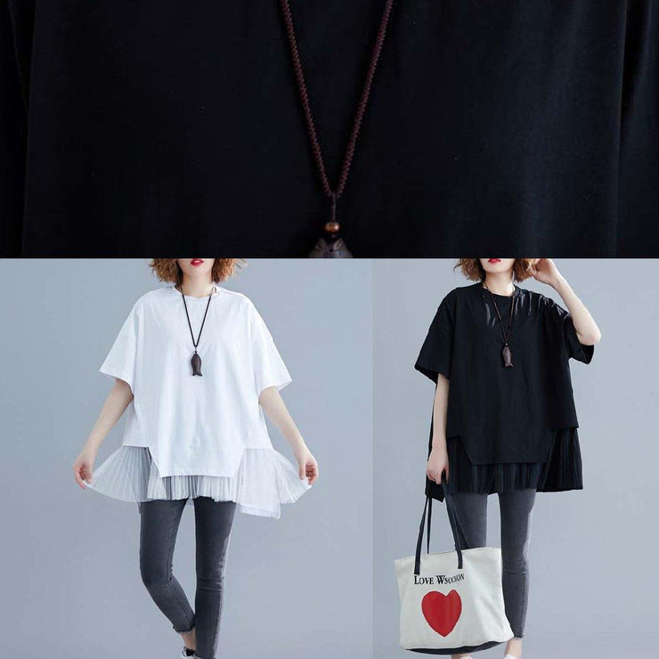 Women o neck patchwork cotton blouses for black short shirt summer - bagstylebliss