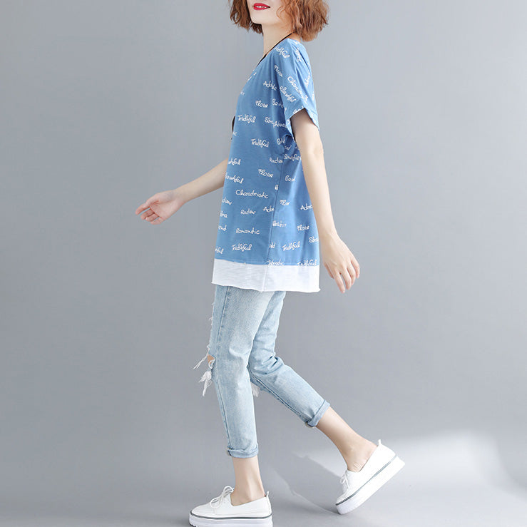 Women o neck patchwork cotton clothes Casual Outfits blue print shirt