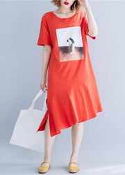 Women o neck patchwork cotton tunics for women red long Dresses summer - bagstylebliss