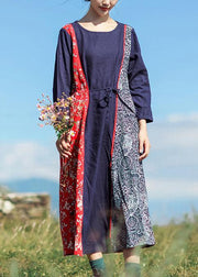 Women o neck patchwork linen cotton Robes Sewing dark blue Dress summer - bagstylebliss