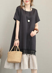 Women o neck patchwork linen summer dress Tunic Tops black Dresses - bagstylebliss