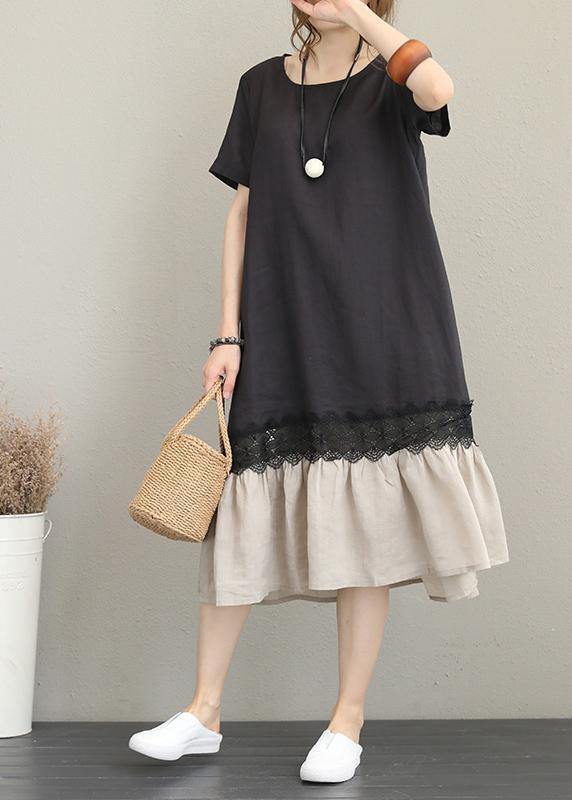 Women o neck patchwork linen summer dress Tunic Tops black Dresses - bagstylebliss