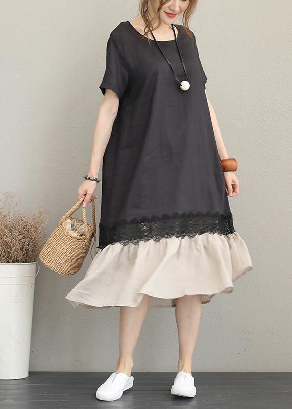 Women o neck patchwork linen summer dress Tunic Tops black Dresses - bagstylebliss