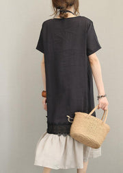 Women o neck patchwork linen summer dress Tunic Tops black Dresses - bagstylebliss