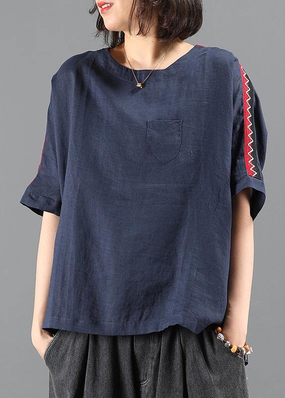 Women o neck patchwork summer tops navy Plus Size Clothing top - bagstylebliss