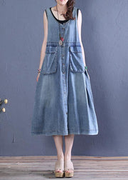 Women o neck pockets Cotton summer Tunics Tutorials denim blue Dresses - bagstylebliss