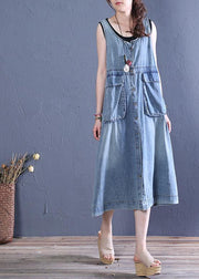 Women o neck pockets Cotton summer Tunics Tutorials denim blue Dresses - bagstylebliss