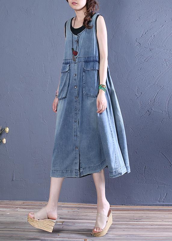 Women o neck pockets Cotton summer Tunics Tutorials denim blue Dresses - bagstylebliss