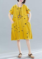 Women o neck pockets Cotton tunic dress Fabrics yellow print Dresses summer - bagstylebliss