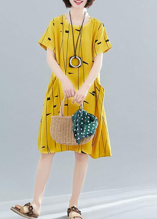 Women o neck pockets Cotton tunic dress Fabrics yellow print Dresses summer - bagstylebliss