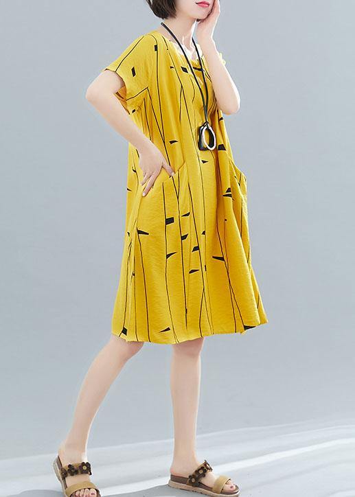 Women o neck pockets Cotton tunic dress Fabrics yellow print Dresses summer - bagstylebliss