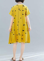 Women o neck pockets Cotton tunic dress Fabrics yellow print Dresses summer - bagstylebliss