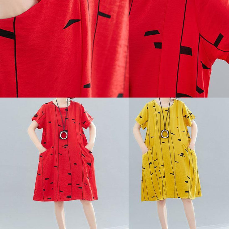 Women o neck pockets Cotton tunic dress Fabrics yellow print Dresses summer - bagstylebliss