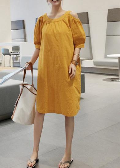 Women o neck pockets cotton linen summer dress Inspiration yellow Dresses - bagstylebliss