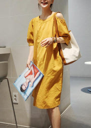 Women o neck pockets cotton linen summer dress Inspiration yellow Dresses - bagstylebliss