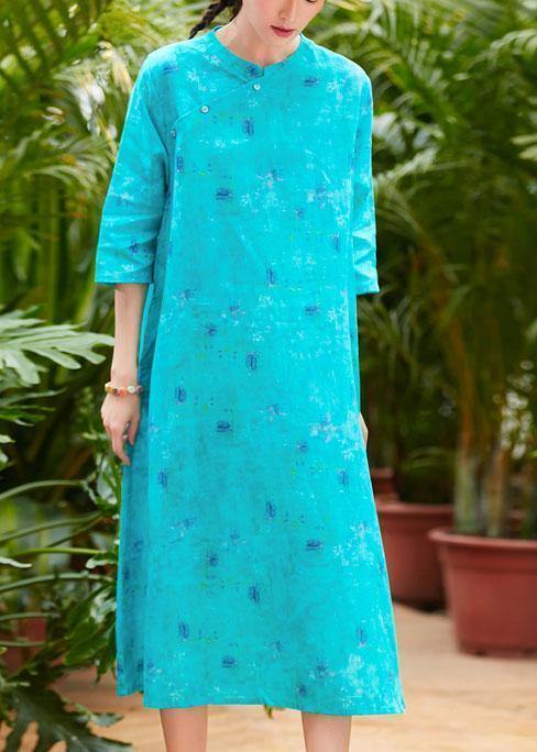 Women o neck pockets linen Robes Fashion Ideas blue print Dresses summer - bagstylebliss