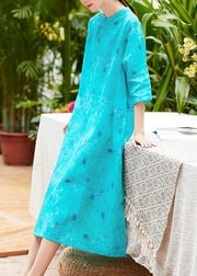 Women o neck pockets linen Robes Fashion Ideas blue print Dresses summer - bagstylebliss