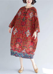 Women o neck pockets linen Robes Inspiration red print Dress - bagstylebliss