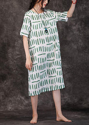 Women o neck pockets linen clothes Wardrobes green striped Dresses summer - bagstylebliss