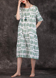 Women o neck pockets linen clothes Wardrobes green striped Dresses summer - bagstylebliss