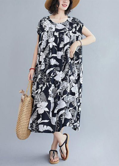 Women o neck pockets summer quilting dresses Runway black print Dress - bagstylebliss