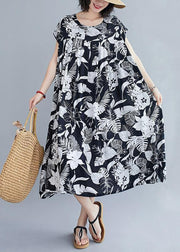 Women o neck pockets summer quilting dresses Runway black print Dress - bagstylebliss