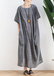 Women o neck short sleeve cotton outfit Neckline gray plaid cotton robes Dresses - bagstylebliss