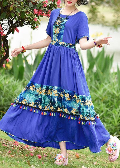 Women o neck tassel cotton Long Shirts design blue print cotton robes Dresses summer - bagstylebliss