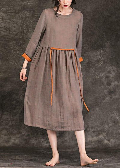 Women o neck tie waist Cinched linen Wardrobes brown Dress spring - bagstylebliss