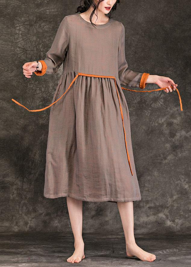 Women o neck tie waist Cinched linen Wardrobes brown Dress spring - bagstylebliss