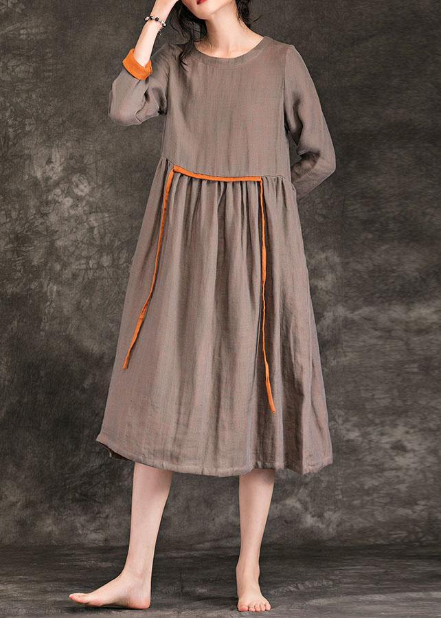 Women o neck tie waist Cinched linen Wardrobes brown Dress spring - bagstylebliss