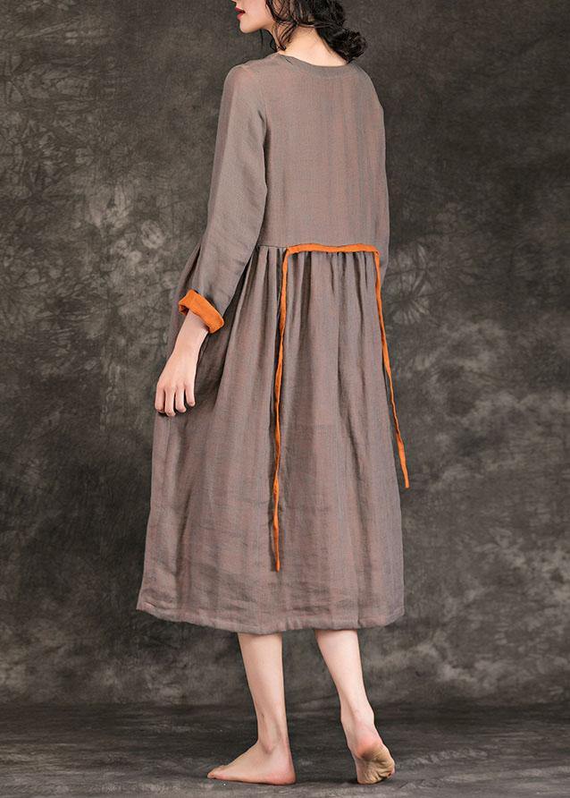 Women o neck tie waist Cinched linen Wardrobes brown Dress spring - bagstylebliss