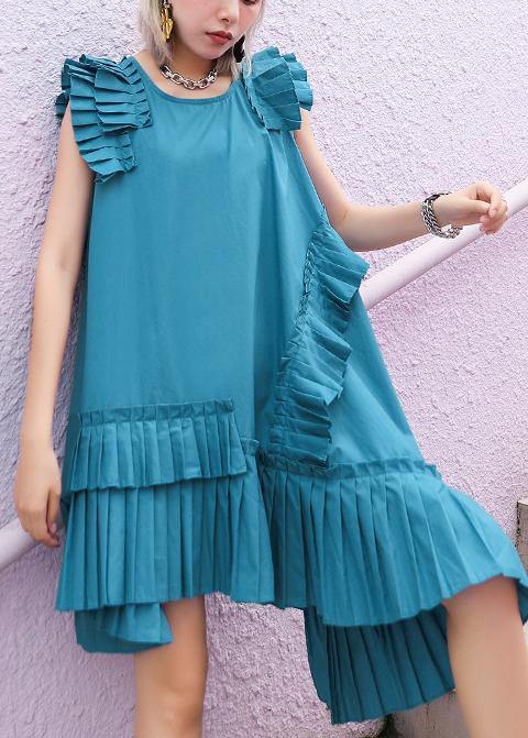 Women o neck Cinched Cotton Wardrobes blue green Dresses - bagstylebliss