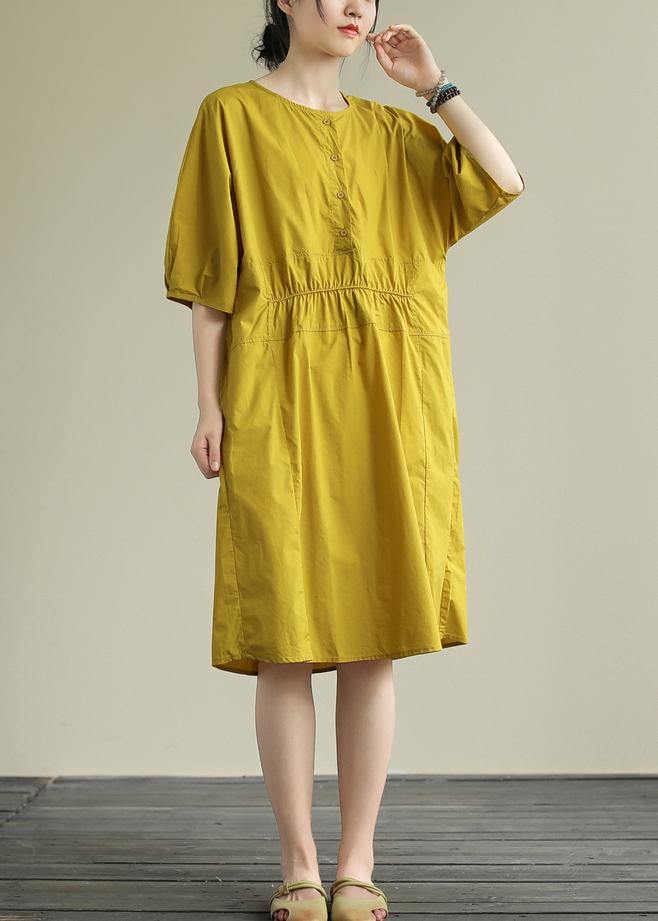 Women o neck Cinched Cotton summe routfit Catwalk yellow Dress - bagstylebliss