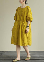 Women o neck Cinched Cotton summe routfit Catwalk yellow Dress - bagstylebliss