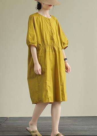 Women o neck Cinched Cotton summe routfit Catwalk yellow Dress - bagstylebliss