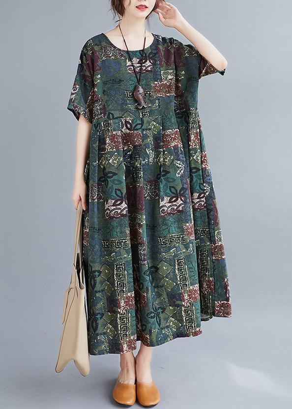 Women o neck Cinched clothes Catwalk green Plant printing Dress - bagstylebliss