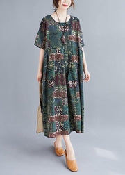 Women o neck Cinched clothes Catwalk green Plant printing Dress - bagstylebliss