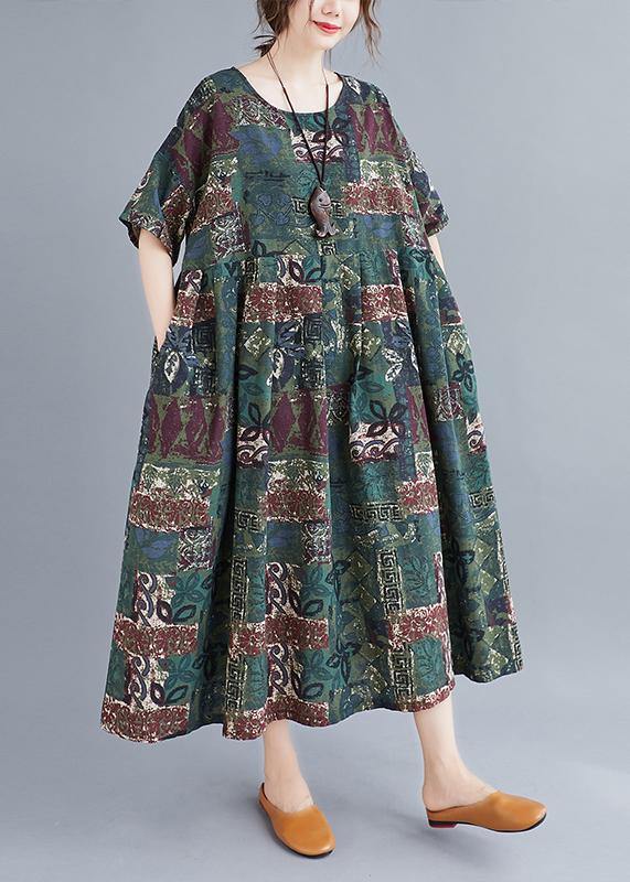 Women o neck Cinched clothes Catwalk green Plant printing Dress - bagstylebliss