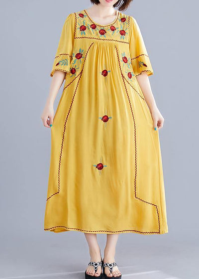 Women o neck Cinched cotton linen Robes Fabrics yellow embroidery Dresses summer - bagstylebliss