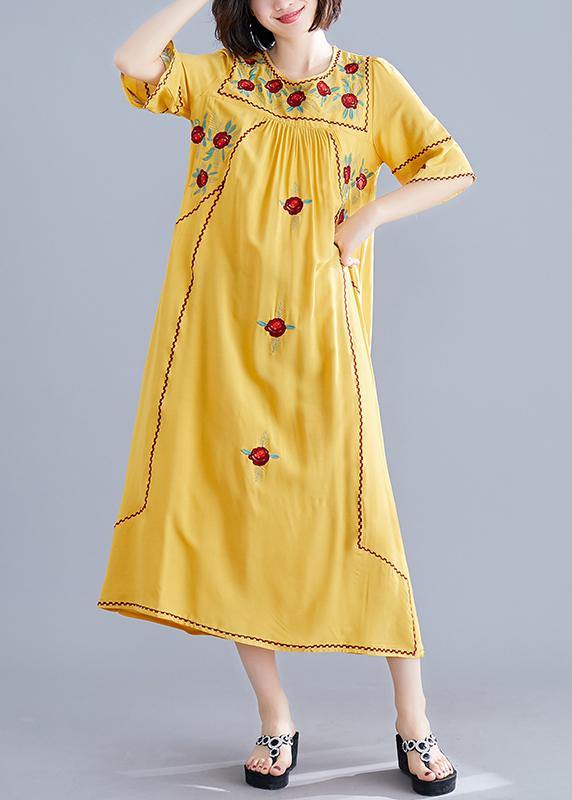 Women o neck Cinched cotton linen Robes Fabrics yellow embroidery Dresses summer - bagstylebliss