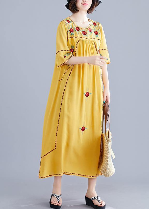 Women o neck Cinched cotton linen Robes Fabrics yellow embroidery Dresses summer - bagstylebliss